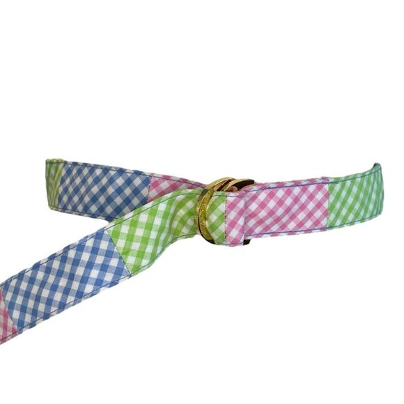 Vineyard Vines Gingham Check Canvas Belt Pink Blue Green Cotton D Rings Whale S - Picture 1 of 9
